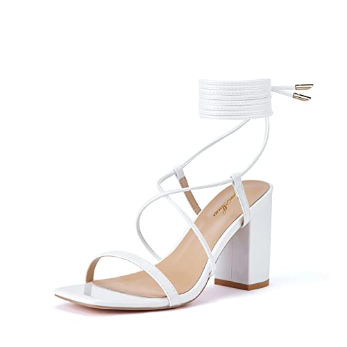 GENSHUO Damen Sandalen mit offener Quadrat-Zehenpartie, Schnürung kräftigen Blockabsätzen, Riemen, sommerliche Brautschuhe für Hochzeit, Weiß B, EU 39 von GENSHUO