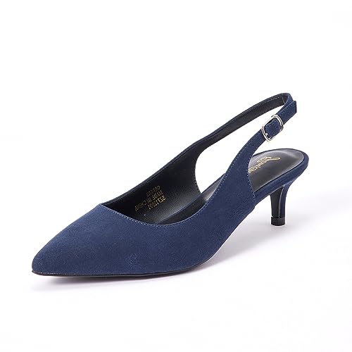 GENSHUO Slingback Pumps für Damen Elegante Kitten Heel Schuhe 5 cm/1,97 Zoll Spitze Wildleder High Heels mit Geschlossenen Zehen Absatzschuhe für Abend Hochzeit Büro, Navy Blau 38,5EU von GENSHUO