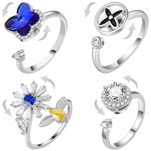 Angst Fidget Spinnringe Stimmungsring - 4PCS Anti-Stress-Ring Verstellbarer Stimmungsring, Rotierender Schmetterling Bienenblume Klee Zirkonring, Angstlinderungsringe Geschenke für Frauen Männer von GENSMILE