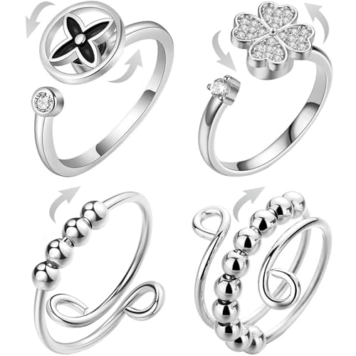 Anti-Stress Fidget Ringe Mood Ring - 4 Stück verstellbare Stressabbau-Ringe, drehbarer Kleeblatt-Zirkon Ring, entspannende Perlen zur Angstbewältigung, Beruhigungsringe Geschenk für Frauen & Männer von GENSMILE