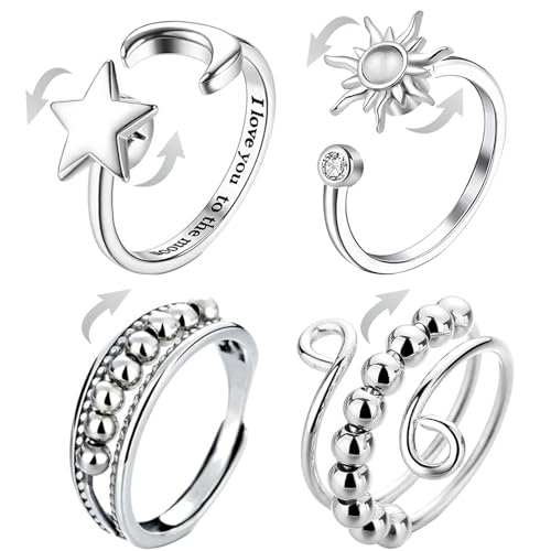 Anxiety Fidget Spinning Rings Mood Ring- 4 Stück Anti-Stress-Ringe verstellbare Stimmungsringe, rotierbare Stern-Mond-Sonnen-Ringe, Entspannungsperlen Beruhigungsringe, Geschenke für Frauen und Männer Anxiety Fidget Spinning Rings Mood Ring- 4 Stück Anti-Stress-Ringe verstellbare Stimmungsringe, rotierbare Stern-Mond-Sonnen-Ringe, Entspannungsperlen Beruhigungsringe, Geschenke für Frauen und Männer von GENSMILE