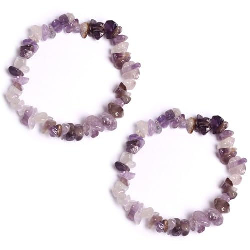 Amethyst Stein Armband Kristallsteine Kette - 2 Stück Natürliches Rock Crystal Edelsteinperlen Armband für Damen, Echte Steine Yoga Energie Stein Amethyst Kette Geschenke für Mädchen Frauen von GENSMILE