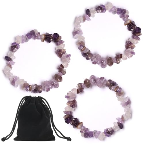 Amethyst Stein Armband Kristallsteine Kette - 3 Stück Natürliches Rock Crystal Edelsteinperlen Armband für Damen, Echte Steine Yoga Energie Stein Amethyst Kette Geschenke für Mädchen Frauen von GENSMILE