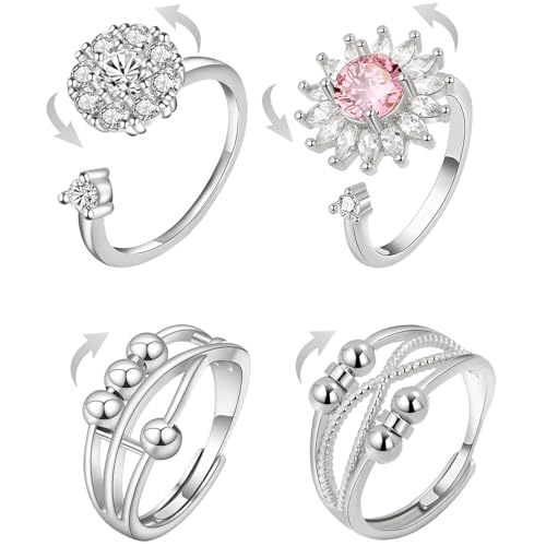 Angst Fidget Spinning Ringe Stimmungsring - 4 Stück Anti-Stress-Ring Verstellbarer Stimmungsring, Drehbarer Zirkonring, Entspannungsperlen-Angstlinderungsringe, Geschenke für Frauen Männer von GENSMILE
