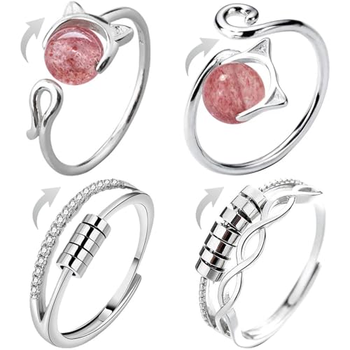 Anxiety Fidget Spinning Rings Mood Ring - 4 Stück Anti-Stress-Ringe verstellbare Stimmungsringe, rotierender Katzenring, Entspannungsperlen Beruhigungsringe, Geschenke für Frauen und Männer von GENSMILE