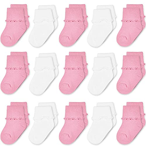 Babysocken für Mädchen, Kleinkindersocken, Baumwollsocken, Rosa, Weiß, Gelb, Rüschen, schöne weiche elastische Mädchensocken, 15 Packungen für 0-1 1-3 4-6 Jahre, Mädchen, rose, 0-12 Monate von GENTABY