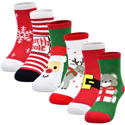 GENTABY Baby Mädchen Jungen Dicke 6 Paar Kinder Winter Warme Socken - 6 Festliche Muster Thermische Kleinkind Baumwolle Socken für Weihnachten 7-9 Jahre von GENTABY