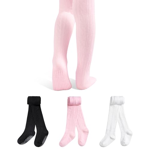 GENTABY Baby Strumpfhose Mädchen Anti-Rutsch Strumpfhosen 3 Paar Baumwolle Kinderstrumpfhose Neugeborene Zopfmuster Warme Strümpfe Leggings 1-2 Jahre von GENTABY