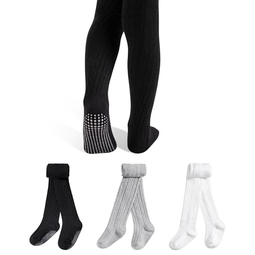 GENTABY Baby Strumpfhose Mädchen Anti-Rutsch Strumpfhosen 3 Paar Baumwolle Kinderstrumpfhose Neugeborene Zopfmuster Warme Strümpfe Leggings 2-4 Jahre von GENTABY
