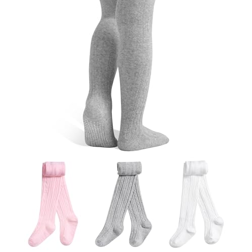 GENTABY Baby Strumpfhose Mädchen Anti-Rutsch Strumpfhosen 3 Paar Baumwolle Kinderstrumpfhose Neugeborene Zopfmuster Warme Strümpfe Leggings 2-4 Jahre von GENTABY