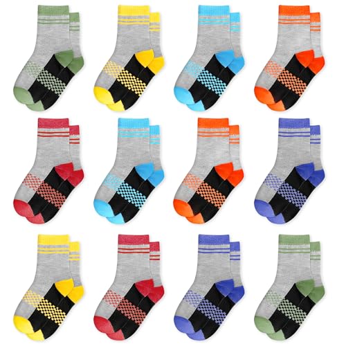 GENTABY Jungen Socken Kinder Strümpfe 12 Paar Bunte Stretch Karierte Socken 90% Polyester Atmungsaktive Sportsocken für Jungen 4-6 Jahren Größe 27-30 von GENTABY