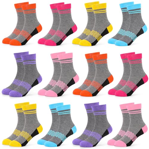 GENTABY Kinder Mädchen Socken Tennissocken 12 Paar Kinder Crew Schulsocken Bunte Stretch Streifen Socken 90% Polyester Atmungsaktive Sportsocken für Mädchen 2-4 Jahren Größe 23-26 von GENTABY