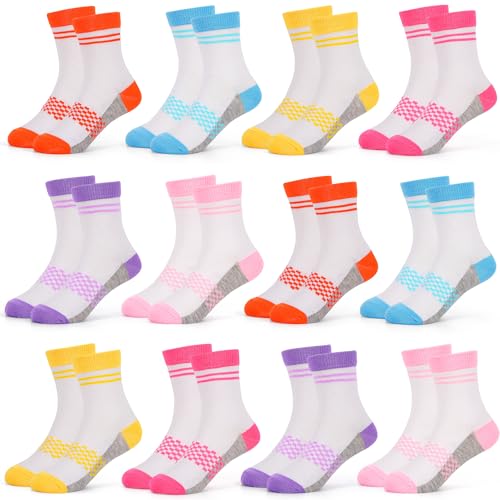GENTABY Kinder Mädchen Socken Tennissocken 12 Paar Kinder Crew Schulsocken Bunte Stretch Streifen Socken 90% Polyester Atmungsaktive Sportsocken für Mädchen 4-6 Jahren Größe 27-30 von GENTABY