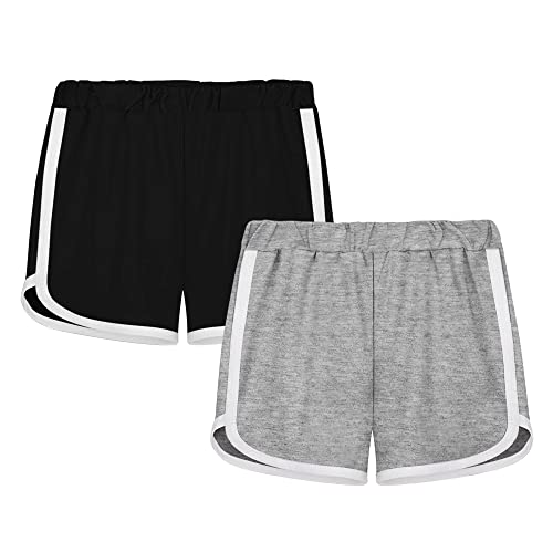 GENTABY Mädchen Shorts Baumwolle Kinder Gym Kurze Hose Athletisch mit Sommer Sport Running Shorts Jungen Schwarz Grau Rosa Lila Tanzen 11-12 Jahre Mädchen Gym Shorts 2 Pack. von GENTABY