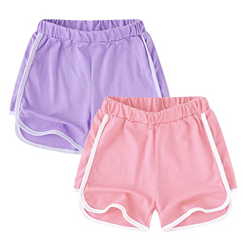 GENTABY Mädchen Shorts Baumwolle Kinder Gym Kurze Hose Athletisch mit Sommer Sport Running Shorts Jungen Schwarz Grau Rosa Lila Tanzen 6-9 Jahre Mädchen Gym Shorts 2 Pack. von GENTABY