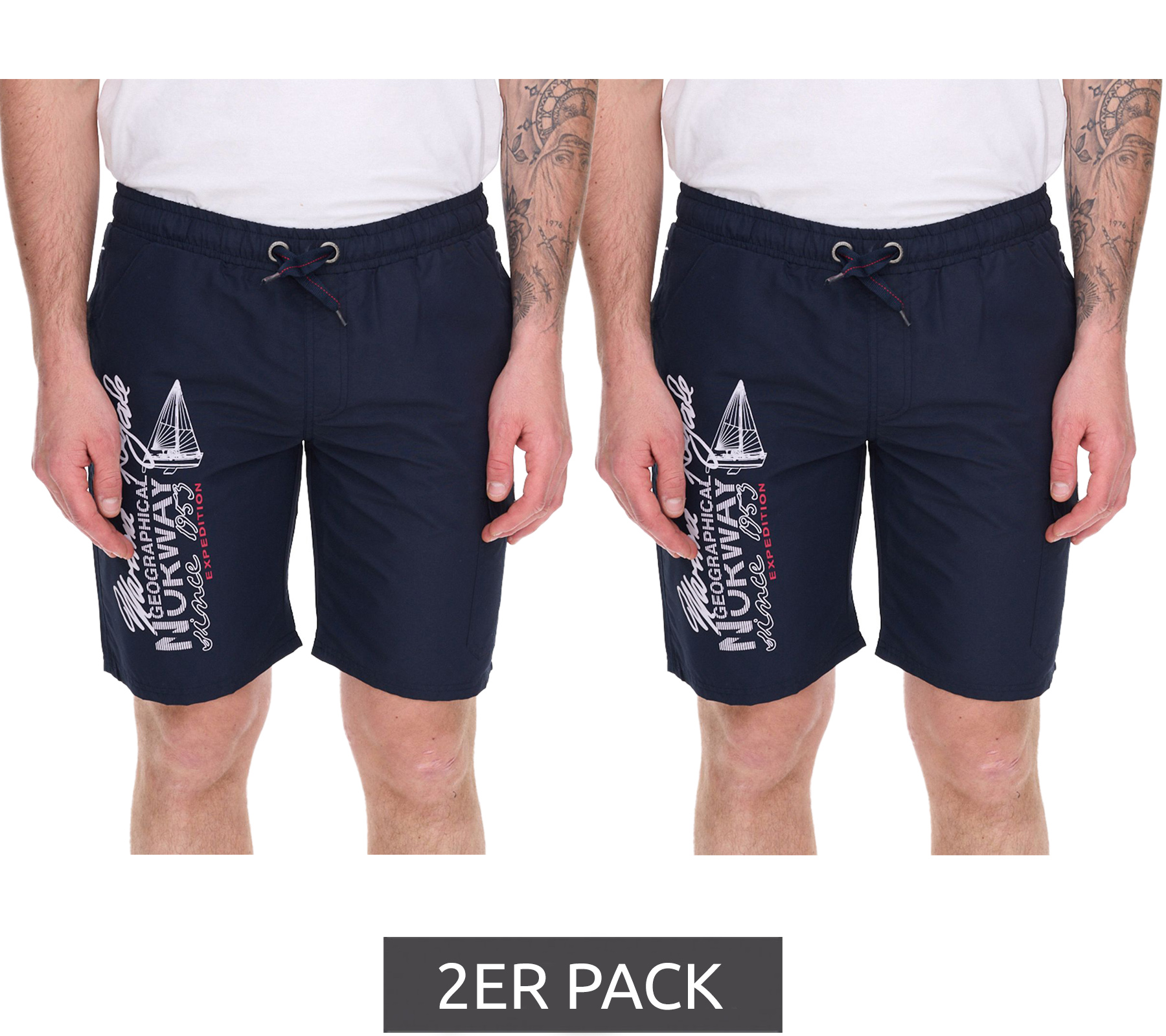 2er Pack GEOGRAPHICAL NORWAY Quara Herren Badehose Schwimm-Hose mit Logo-Print Bade-Shorts mit Taschen Schwimm-Shorts 001 Navy von GEOGRAPHICAL NORWAY