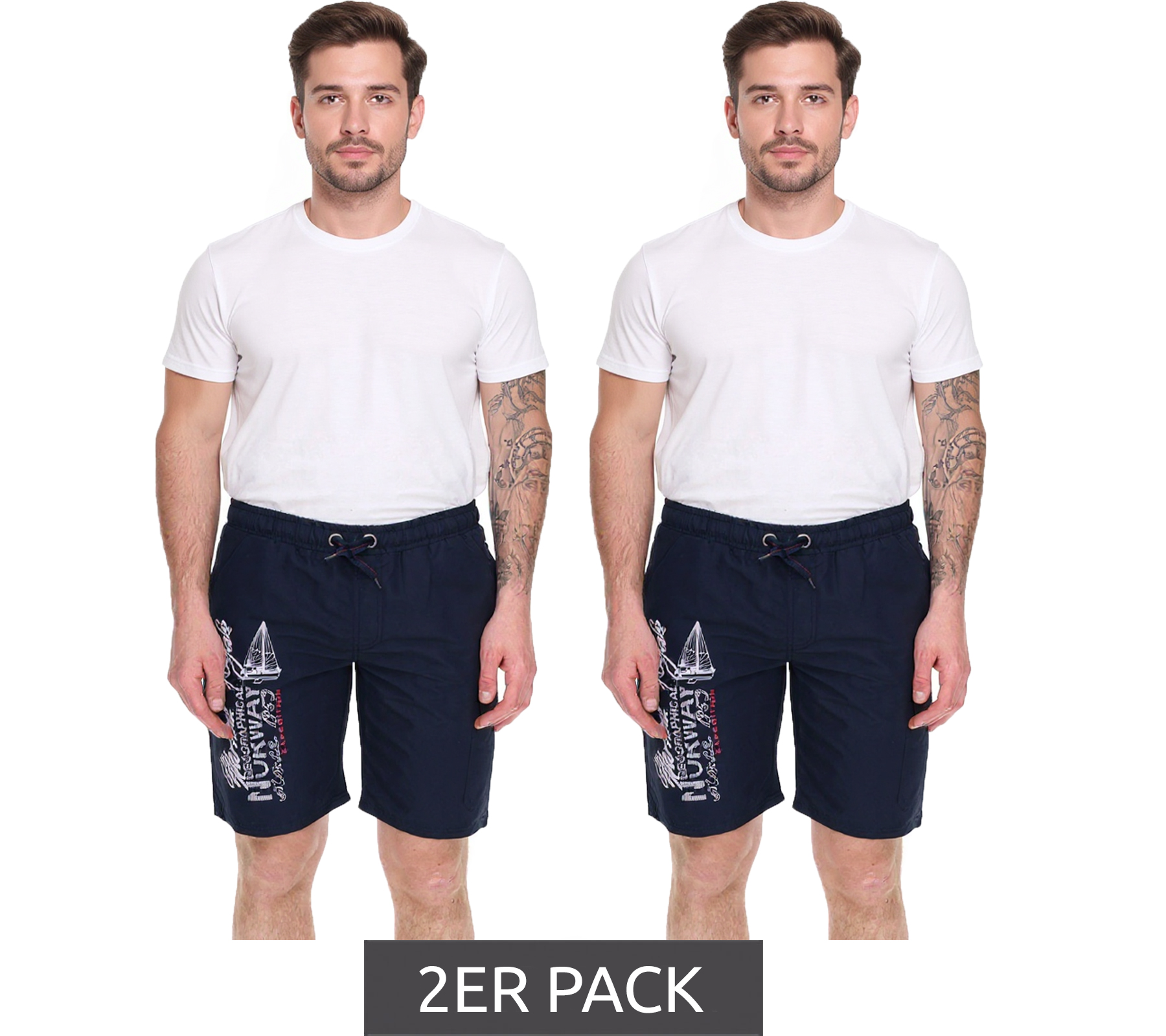 2er Sparpack GEOGRAPHICAL NORWAY Quara Herren Badehose Schwimm-Hose mit Logo-Print Bade-Shorts mit Taschen Schwimm-Shorts 001 Navy von GEOGRAPHICAL NORWAY