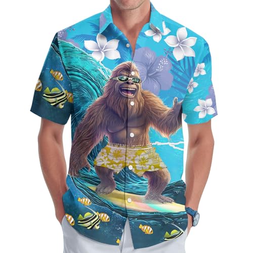 Cooles Bigfoot Herren Hawaiihemd Lustig Sasquatch Unisex Kurzarm Button Hemd, Sasquatch Surfen, 3XL von GEPOS