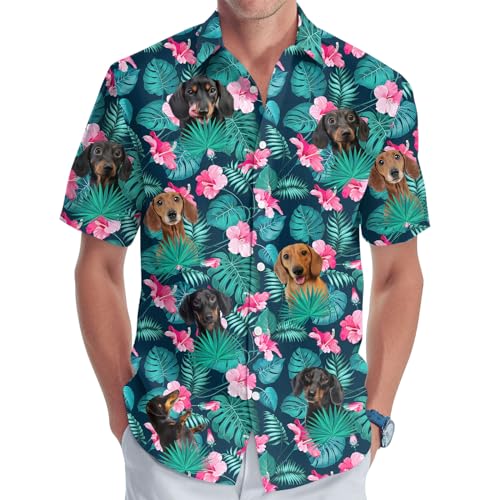 GEPOS Hund Herren Knopf Hemd Sommer Tropischer Hund Hawaiihemd für Männer Hund Urlaub Kurzarm Freizeithemd Männer, Dackel, XL von GEPOS