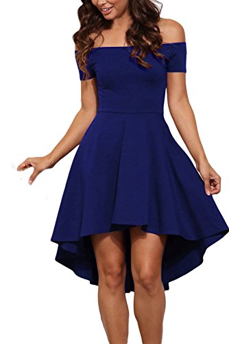 GERMMI Damen Kleid Abendkleid Schulterfreies Cocktailkleid Jerseykleid Skaterkleid Knielang Elegant Festlich Asymmetrisches Partykleid, Gr.-L/ EU 40, Blau von GERMMI