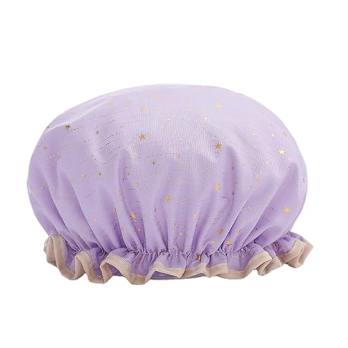 Duschhaube, Hut für Frauen und Mädchen, wiederverwendbar, wasserdicht, doppelte wasserdichte Schichten (violette Sterne) von GERRIT