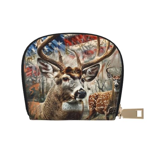 GERRIT RFID-Kreditkartenetui, abstrakte Kunst, klein, Leder, Reißverschluss, Kartenetui für Damen und Herren, Whitetail Deer Old Forest Retro Amerikanische Flagge, Einheitsgröße von GERRIT