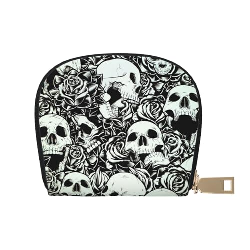 GERRIT RFID-Kreditkartenetui mit Totenkopf-Motiv, klein, Leder, Reißverschluss, Kartenetui für Damen und Herren, Totenkopf und Rose, Einheitsgröße von GERRIT