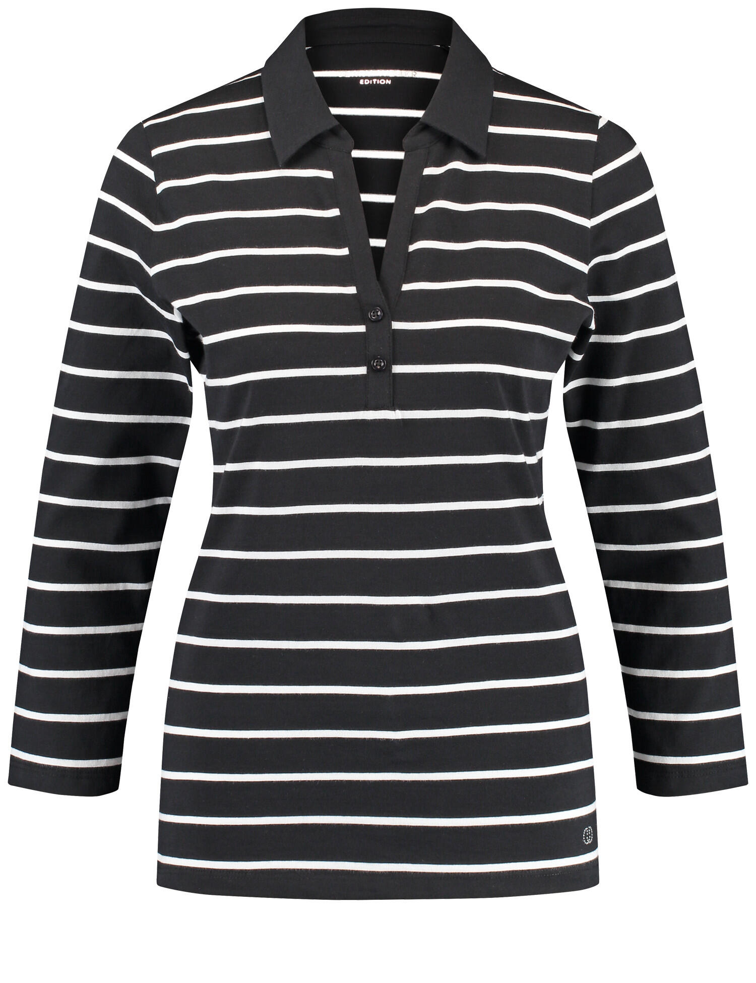 GERRY WEBER Edition - Geringeltes Poloshirt aus Baumwolle mit 3/4 Arm ecru/weiss/schwarz ringel - Gr. - 36 von GERRY WEBER Edition