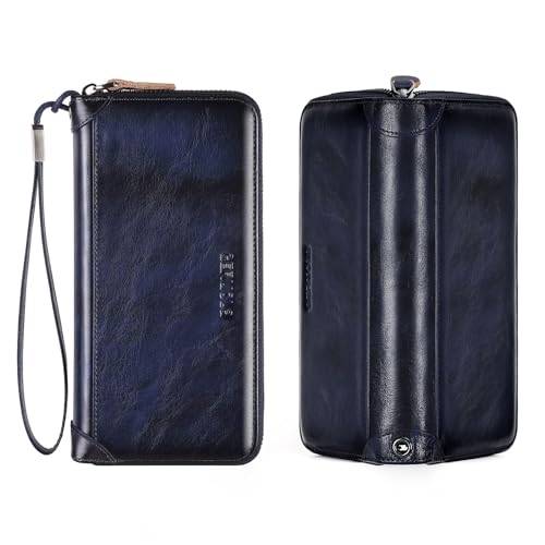 Herren Geldbörse，RFID-blockierende Reisebrieftasche, Kartenfächer,Handgelenkschlaufe, Brieftasche Echtes Rindsleder， Reißverschluss Clutch Geldbörse Große Kapazität Lange (Blau) von GERUOLA