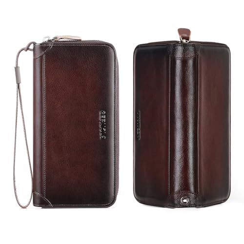 Herren Geldbörse，RFID-blockierende Reisebrieftasche, Kartenfächer,Handgelenkschlaufe, Brieftasche Echtes Rindsleder， Reißverschluss Clutch Geldbörse Große Kapazität Lange (Kaffee) von GERUOLA
