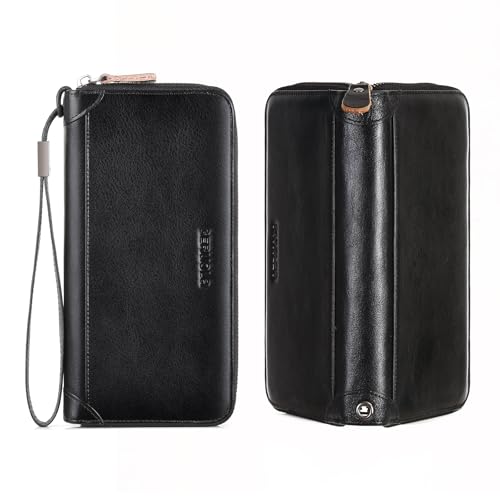 Herren Geldbörse，RFID-blockierende Reisebrieftasche, Kartenfächer,Handgelenkschlaufe, Brieftasche Echtes Rindsleder， Reißverschluss Clutch Geldbörse Große Kapazität Lange (Schwarz) von GERUOLA