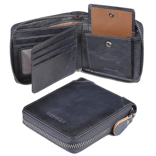Herren Leder Geldbörse mit umlaufenden Reißverschluss - echtes Rindsleder - RFID-Schutz - Münzfach mit Einkaufswagenchip-Halter Schutz Geldbeutel Männer Klein (Blau) von GERUOLA