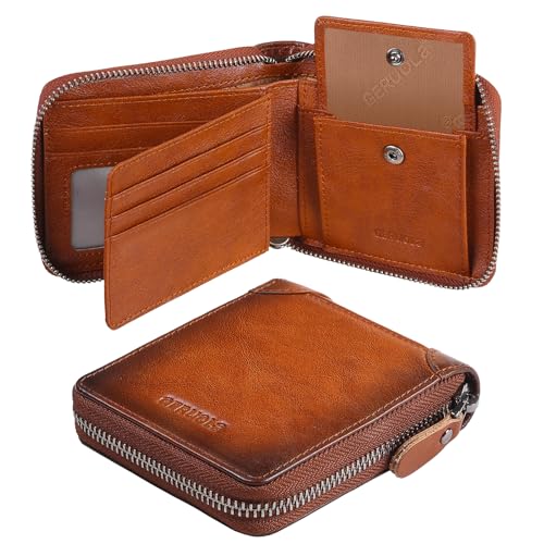 Herren Leder Geldbörse mit umlaufenden Reißverschluss - echtes Rindsleder - RFID-Schutz - Münzfach mit Einkaufswagenchip-Halter Schutz Geldbeutel Männer Klein (Braun) von GERUOLA