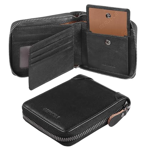 Herren Leder Geldbörse mit umlaufenden Reißverschluss - echtes Rindsleder - RFID-Schutz - Münzfach mit Einkaufswagenchip-Halter Schutz Geldbeutel Männer Klein (Schwarz) von GERUOLA