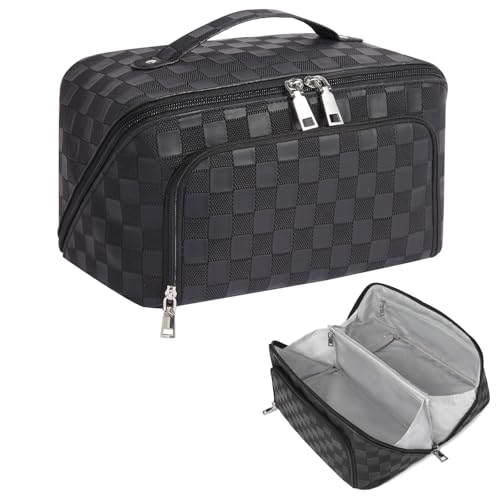 GERYUAEG Reise-Make-up-Tasche, große Kapazität, Kosmetiktasche für Damen, wasserdichtes Futter und PU-Leder, tragbare Tasche, offener flacher Kulturbeutel, Make-up-Organizer mit Trennwand und Griff, GERYUAEG Reise-Make-up-Tasche, große Kapazität, Kosmetiktasche für Damen, wasserdichtes Futter und PU-Leder, tragbare Tasche, offener flacher Kulturbeutel, Make-up-Organizer mit Trennwand und Griff, von GERYUAEG