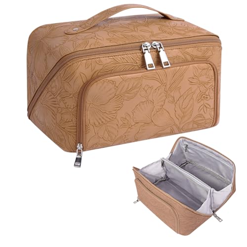 GERYUAEG Reise-Make-up-Tasche, große Kapazität, Kosmetiktasche für Damen, wasserdichtes Futter und PU-Leder, tragbare Tasche, offener flacher Kulturbeutel, Make-up-Organizer mit Trennwand und Griff, GERYUAEG Reise-Make-up-Tasche, große Kapazität, Kosmetiktasche für Damen, wasserdichtes Futter und PU-Leder, tragbare Tasche, offener flacher Kulturbeutel, Make-up-Organizer mit Trennwand und Griff, von GERYUAEG