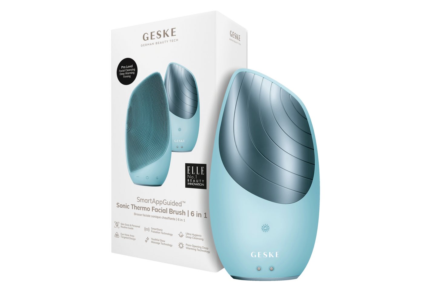 GESKE German Beauty Tech Elektrische Gesichtsreinigungsbürste SmartAppGuided™ Sonic Thermo Facial Brush 6 in 1, Packung (Gerät & USB-Ladekabel), 2-tlg., Gerät inkl. kostenloser APP (SmartAppGuided Device), Anti-Aging Massage-, SmartSonic Pulsation- & Tiefen-Wärme-Technologie von GESKE German Beauty Tech