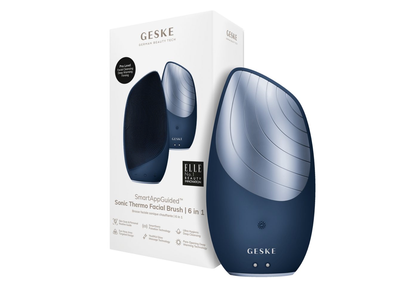 GESKE German Beauty Tech Elektrische Gesichtsreinigungsbürste SmartAppGuided™ Sonic Thermo Facial Brush 6 in 1, Packung (Gerät & USB-Ladekabel), 2-tlg., Gerät inkl. kostenloser APP (SmartAppGuided Device), Anti-Aging Massage-, SmartSonic Pulsation- & Tiefen-Wärme-Technologie von GESKE German Beauty Tech