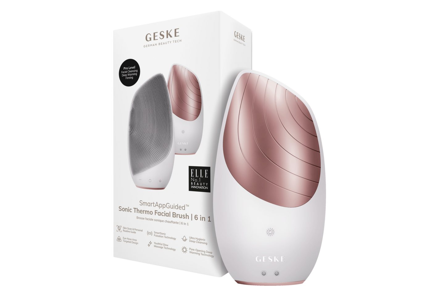 GESKE German Beauty Tech Elektrische Gesichtsreinigungsbürste SmartAppGuided™ Sonic Thermo Facial Brush 6 in 1, Packung (Gerät & USB-Ladekabel), 2-tlg., Gerät inkl. kostenloser APP (SmartAppGuided Device), Anti-Aging Massage-, SmartSonic Pulsation- & Tiefen-Wärme-Technologie von GESKE German Beauty Tech