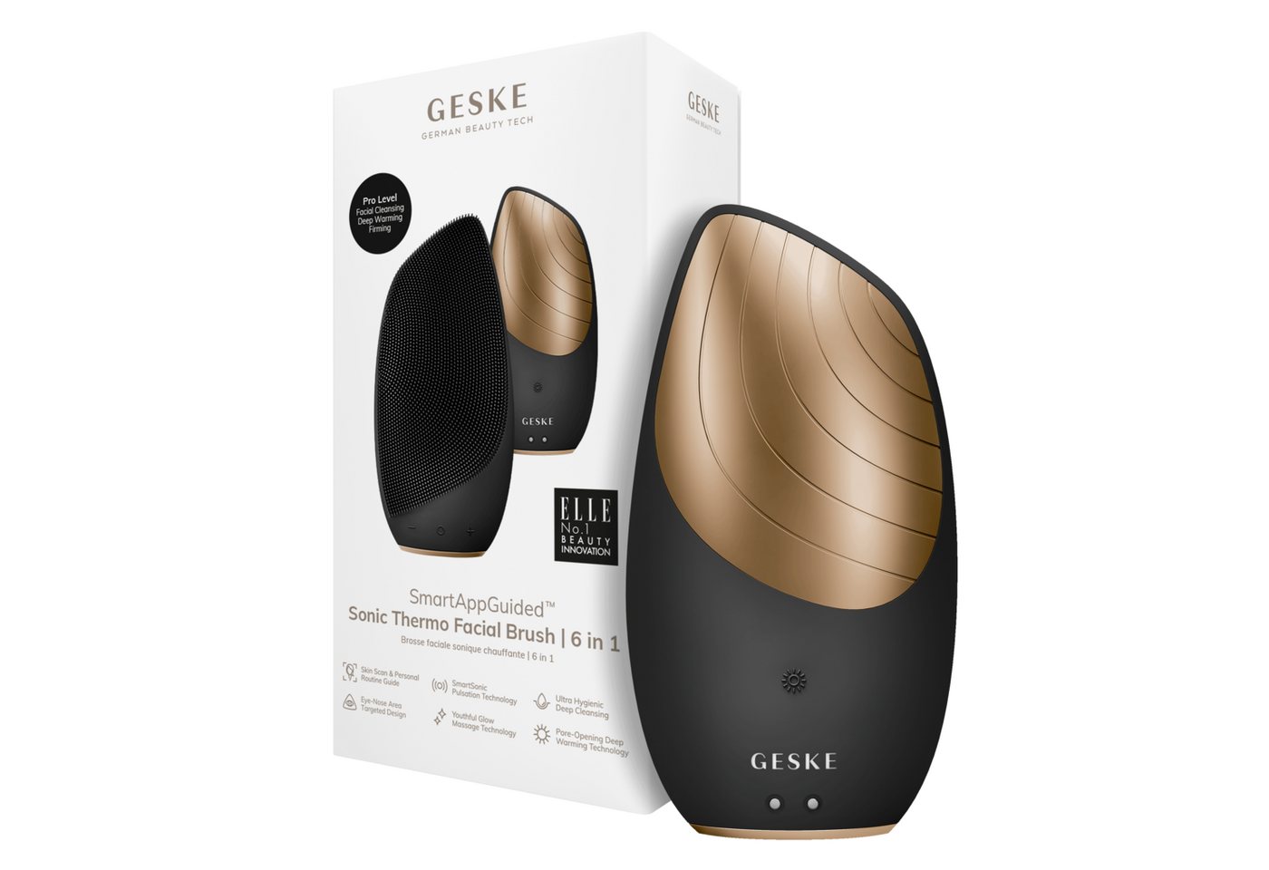 GESKE German Beauty Tech Elektrische Gesichtsreinigungsbürste SmartAppGuided™ Sonic Thermo Facial Brush 6 in 1, Packung (Gerät & USB-Ladekabel), 2-tlg., Gerät inkl. kostenloser APP (SmartAppGuided Device), Anti-Aging Massage-, SmartSonic Pulsation- & Tiefen-Wärme-Technologie von GESKE German Beauty Tech