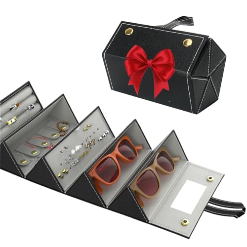 GESPERT Reise-Sonnenbrillen-Organizer und Schmucketui, Sonnenbrillen-Reiseetui, 5 Fächer, faltbar, mit Spiegel, Leder-Brillenetui für Brillen, Ohrringe, Halsketten, Ringe, Armbänder von GESPERT