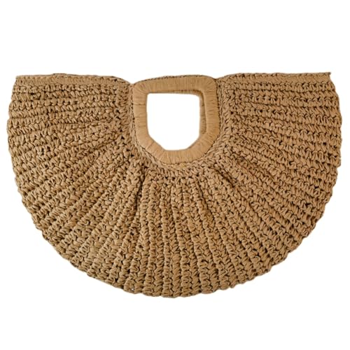 GETBSTOOP Frauen Handgemachte Stroh Einkaufstasche Große Kapazität Böhmen Mond Handtasche Einfarbig Einfache Weben Handgelenk Tasche Weibliche Täglichen Tasche von GETBSTOOP