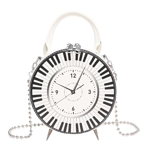 GETBSTOOP Frauen PU Kreative Runde Uhr Tasche Kette Riemen Retro Uhr Zifferblatt Handtasche Große Kapazität Schwarz Weiß Klavier Uhr Schulter Handtasche Top Griff Tasche von GETBSTOOP
