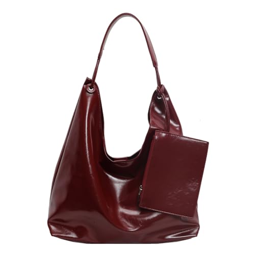GETBSTOOP Slouchy Hobo Bag for Damen, PU-Leder-Geldbörse, Slouchy Work Tote Bag, große Umhängetasche, Handtasche mit Beutel, Weinrot von GETBSTOOP