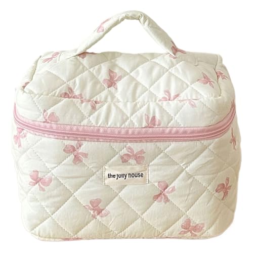 GETBSTOOP Süße Schleifen-Make-up-Tasche aus Baumwolle, gesteppt, mit Reißverschluss, Reise-Make-up-Beutel, Toilettentasche for Frauen-Pink von GETBSTOOP