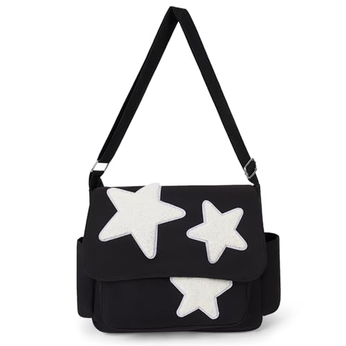 GETERUUV Ästhetische Messenger Bag Nette Tragetaschen Y2K Stern Umhängetasche Leinwand Tragetasche Kawaii Crossbody Tasche für Frauen, A03-schwarz von GETERUUV