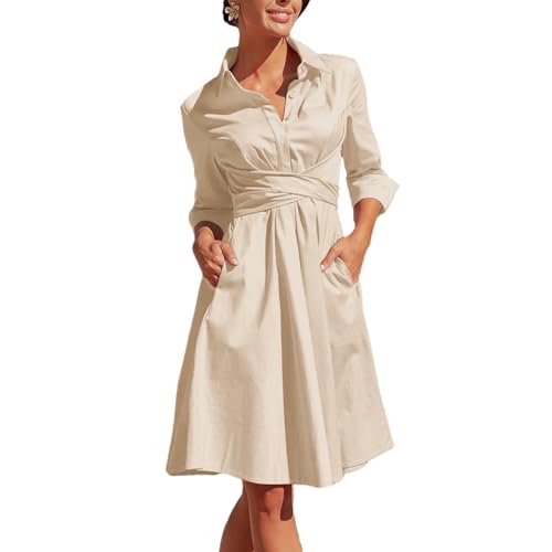 GETERUUV Damen Hemdkleid Elegant Langarm V-Ausschnitt Blusenkleid Tunika Kleider mit Knopf Herbst Freizeitkleid von GETERUUV