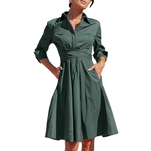GETERUUV Damen Hemdkleid Elegant Langarm V-Ausschnitt Blusenkleid Tunika Kleider mit Knopf Herbst Freizeitkleid von GETERUUV