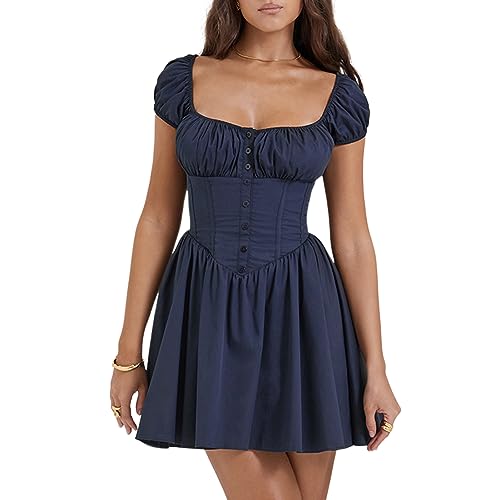 GETERUUV Damen Kleid Aus Der Schulter Gesmoktekleid Kurze Puffärmel Midikleider Shapewear Sommer von GETERUUV