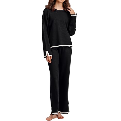 GETERUUV Damen Zweiteiler Loungewear Elegant Strick Homewear Set Elastisch Taillierte Hose und Kurzarm Pullover Top Lounge Outfits von GETERUUV